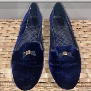 TORY BURCH Sz 9.5 M Velvet Loafers Blue Bow Logo Slip On Flats Shoes